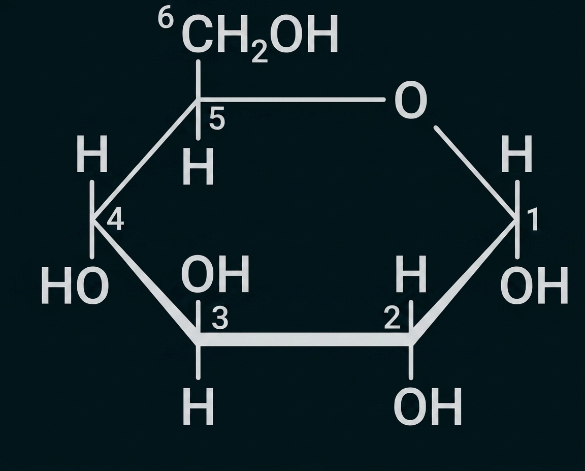 Haworth-Projektion eines Glucose-Rings mit OH- und H-Atomen, nummerierten C-Positionen 1–6